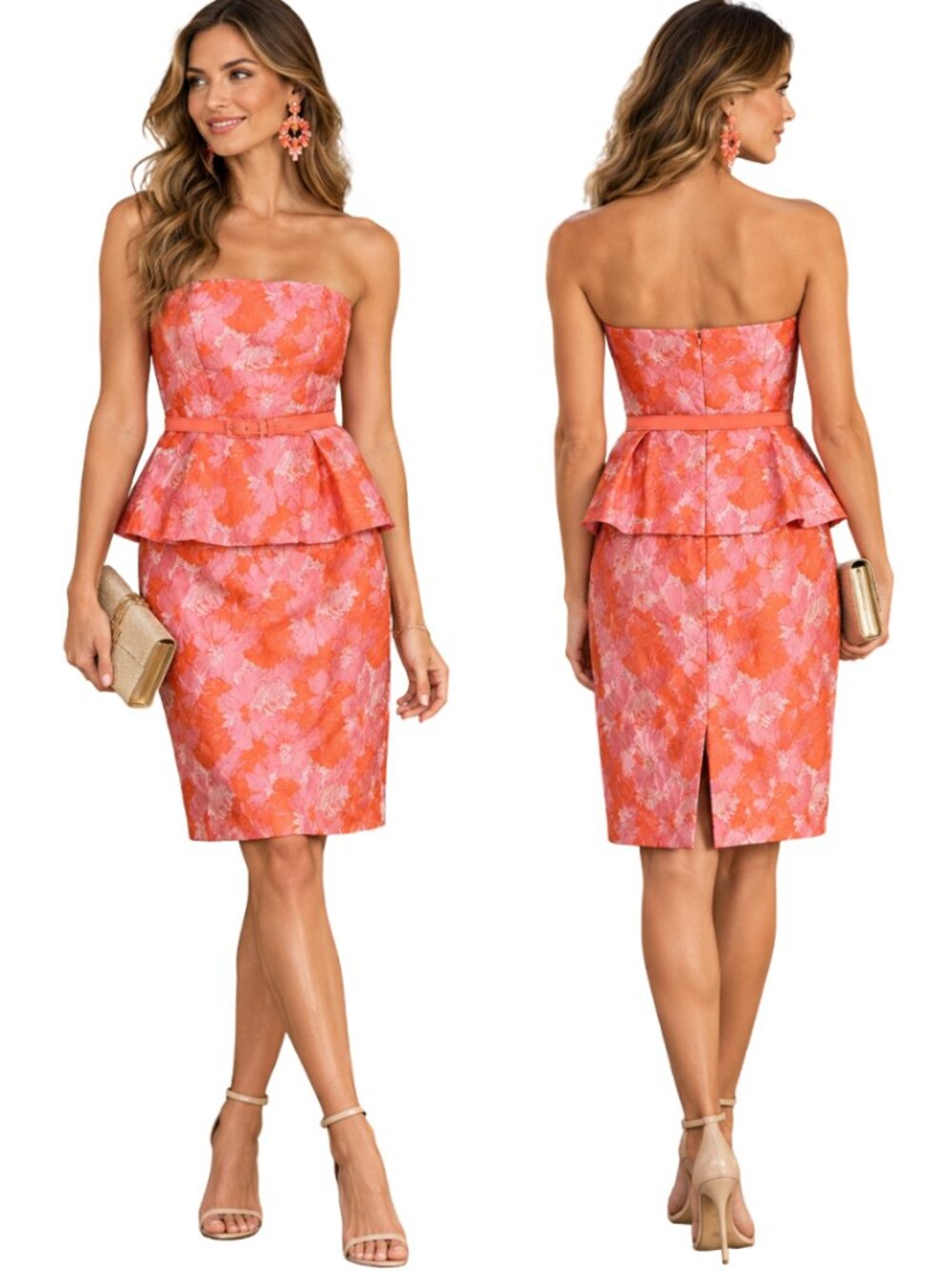 Eva Franco Strapless Peplum Floral Jacquard Dress Women's 2 Pink Orange Cocktail